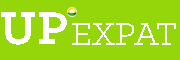 Logo van UP expat. Appeltjes groen met witte letters UP expat